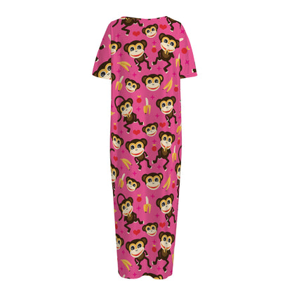 Monkey And Banana Pattern Print Short Sleeve Long Nightdress