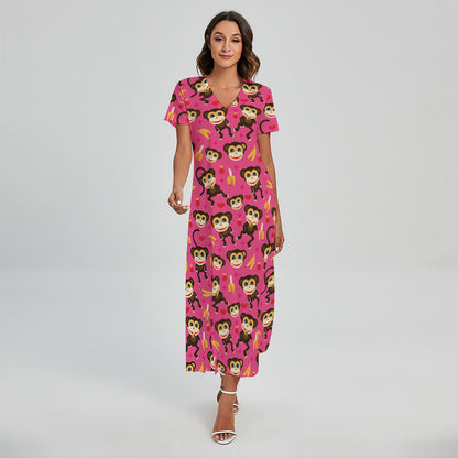 Monkey And Banana Pattern Print Short Sleeve Maxi Dress
