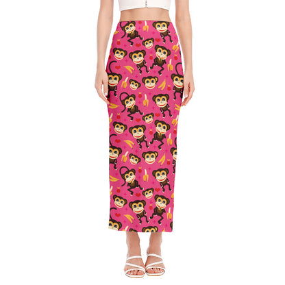 Monkey And Banana Pattern Print Side Slit Maxi Skirt
