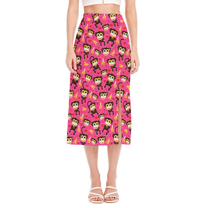 Monkey And Banana Pattern Print Side Slit Midi Skirt