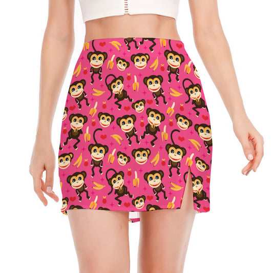 Monkey And Banana Pattern Print Side Slit Mini Skirt