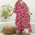 Monkey And Banana Pattern Print Silk V-Neck Kaftan Dress