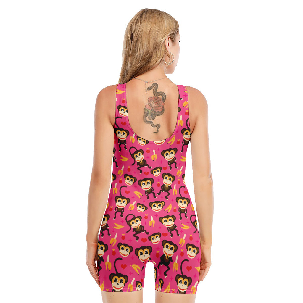 Monkey And Banana Pattern Print Sleeveless One Piece Swimsuit