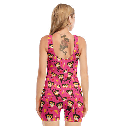 Monkey And Banana Pattern Print Sleeveless One Piece Swimsuit