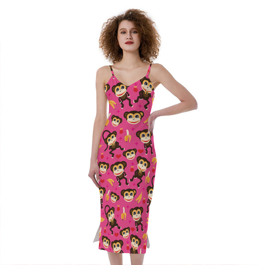 Monkey And Banana Pattern Print Slim Fit Midi Cami Dress