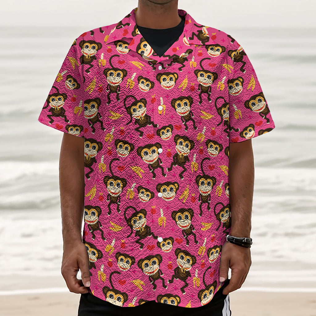 Monkey And Banana Pattern Print Textured Short Sleeve Shirt