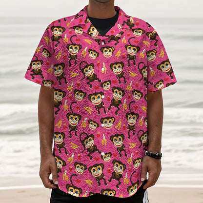 Monkey And Banana Pattern Print Textured Short Sleeve Shirt