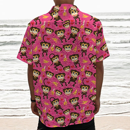 Monkey And Banana Pattern Print Textured Short Sleeve Shirt