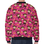 Monkey And Banana Pattern Print Zip Sleeve Bomber Jacket