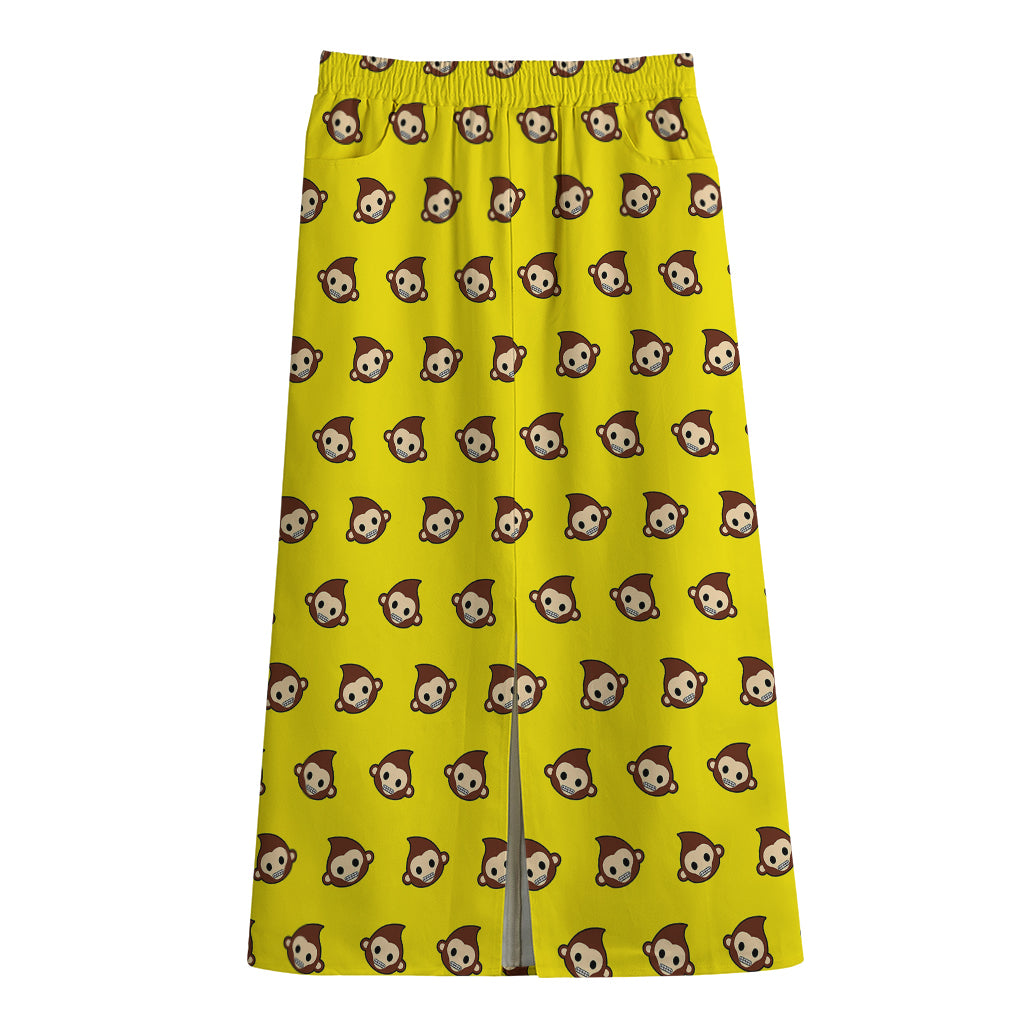 Monkey Emoji Pattern Print Cotton Front Slit Maxi Skirt