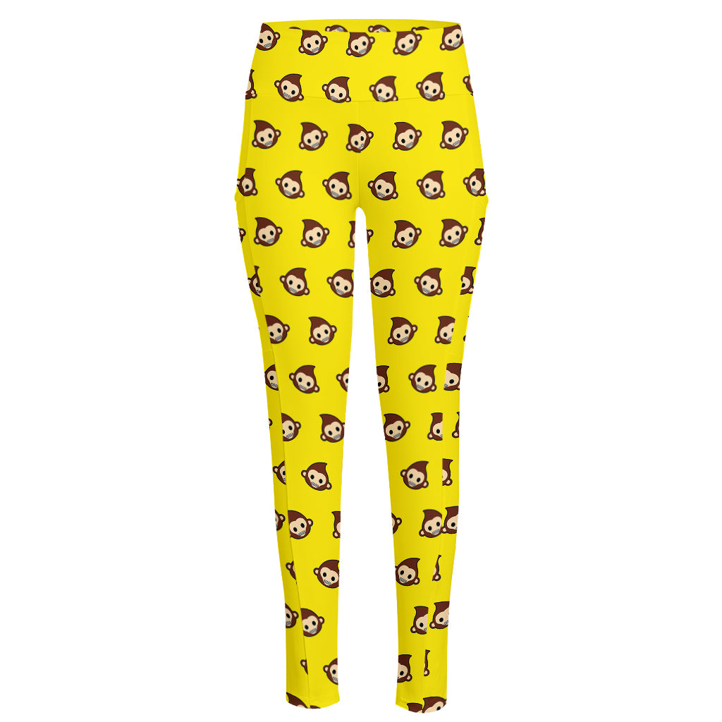 Monkey Emoji Pattern Print High-Waisted Pocket Leggings