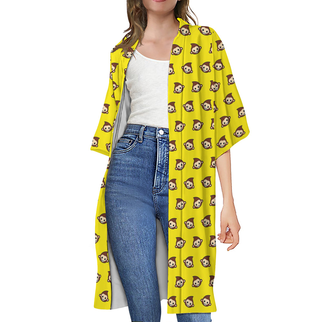 Monkey Emoji Pattern Print Open Front Beach Cover Up