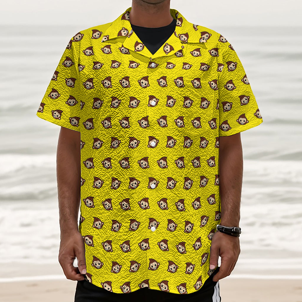 Monkey Emoji Pattern Print Textured Short Sleeve Shirt