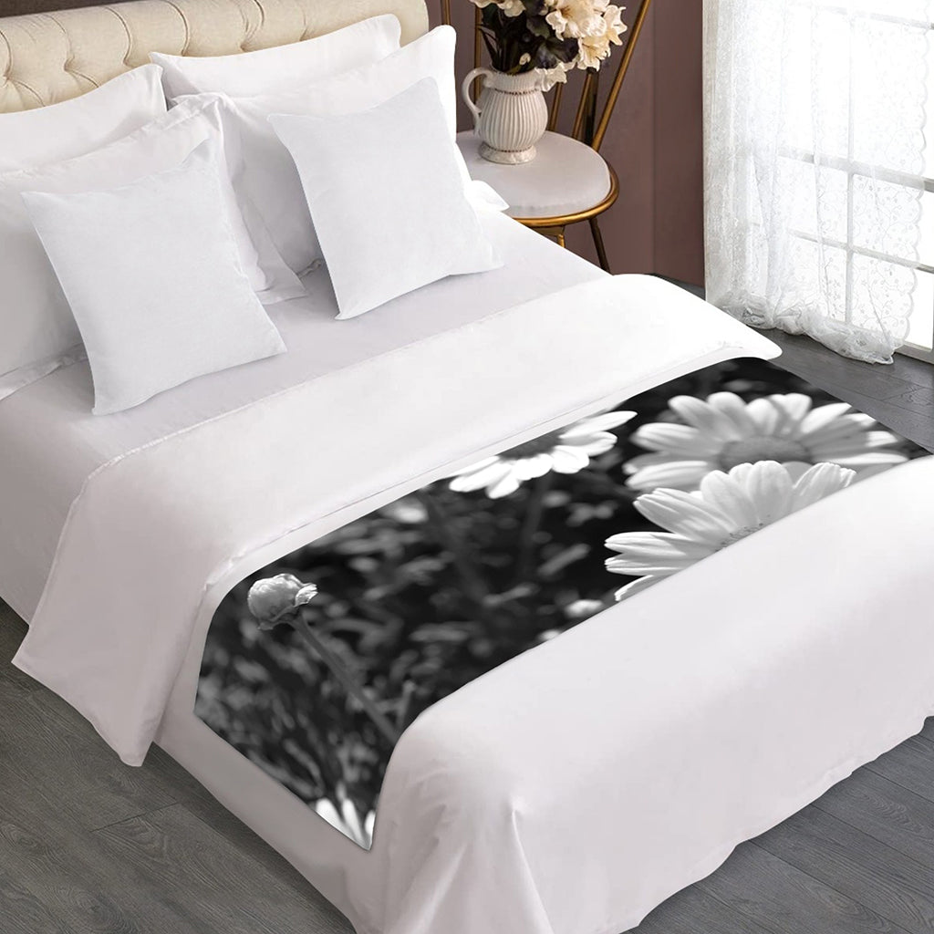 Monochrome Daisy Flower Print Bed Runner