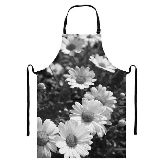 Monochrome Daisy Flower Print Bib Apron With Pocket