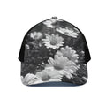 Monochrome Daisy Flower Print Black Mesh Trucker Hat