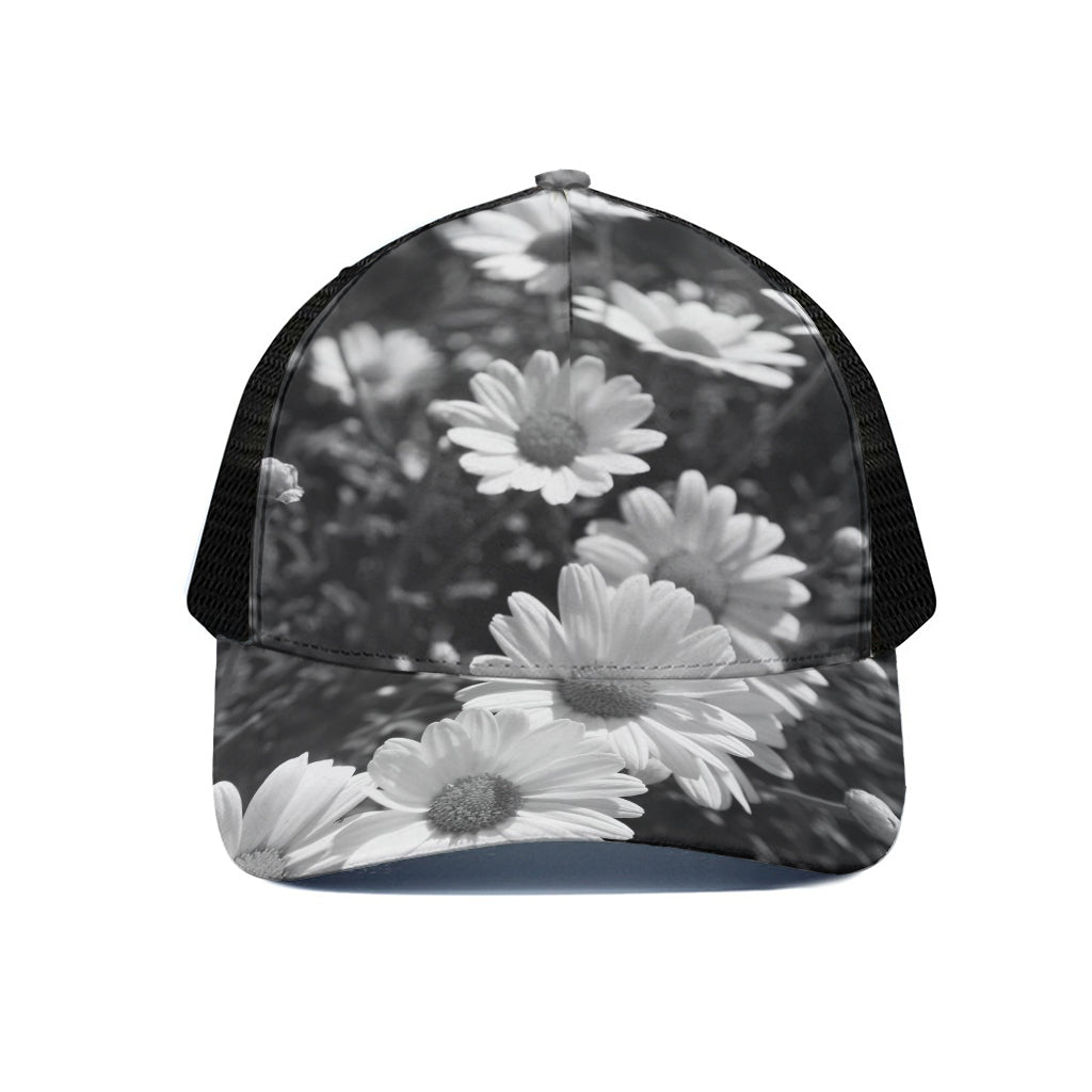 Monochrome Daisy Flower Print Black Mesh Trucker Cap