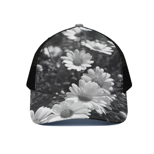 Monochrome Daisy Flower Print Black Mesh Trucker Cap
