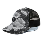 Monochrome Daisy Flower Print Black Mesh Trucker Cap