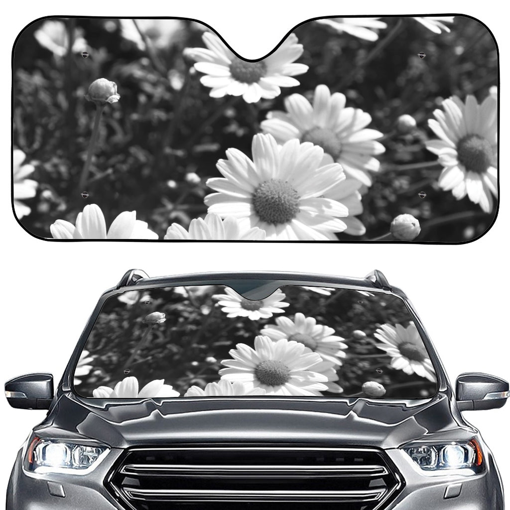 Monochrome Daisy Flower Print Car Windshield Sun Shade