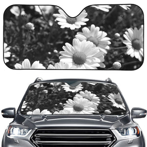 Monochrome Daisy Flower Print Car Windshield Sun Shade