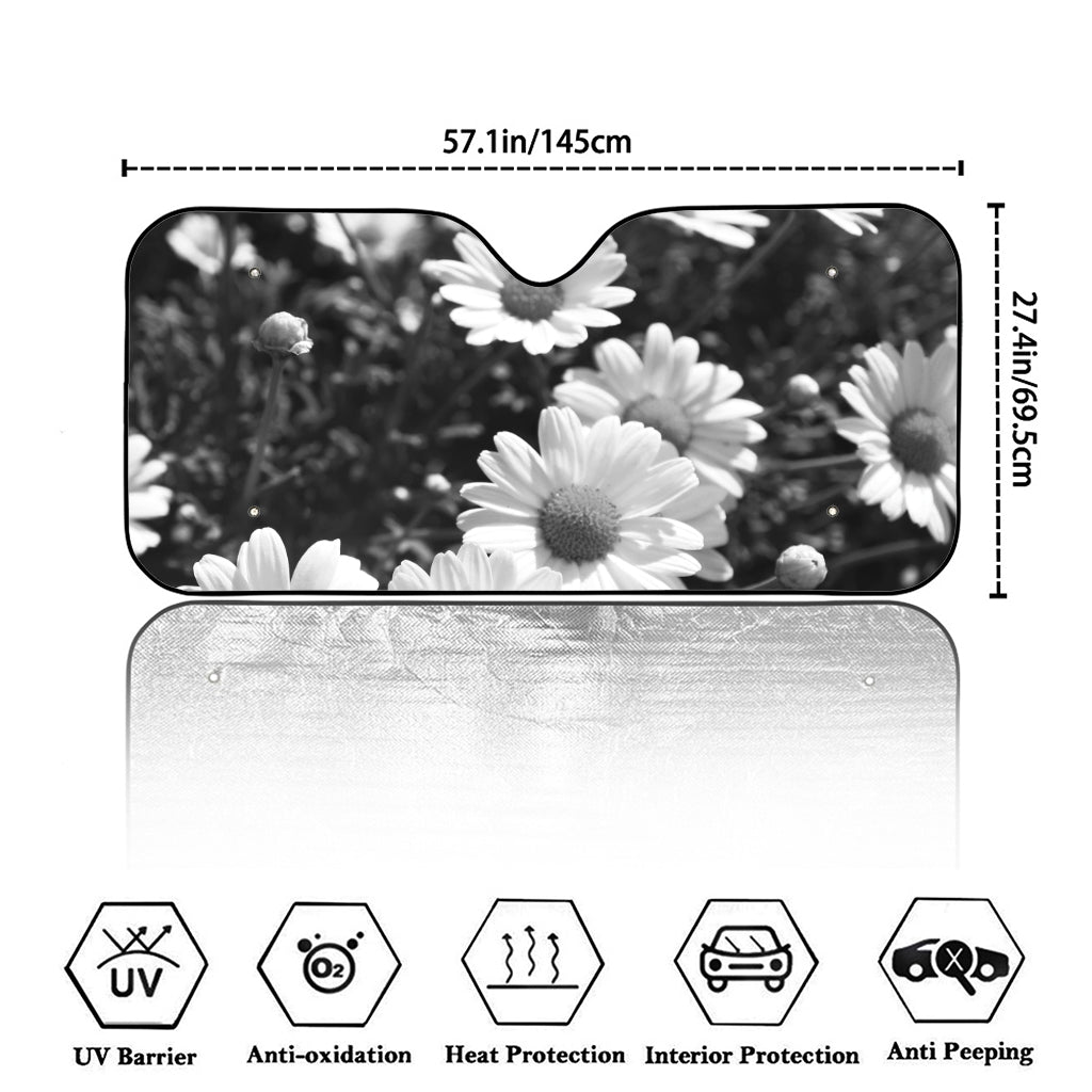 Monochrome Daisy Flower Print Car Windshield Sun Shade