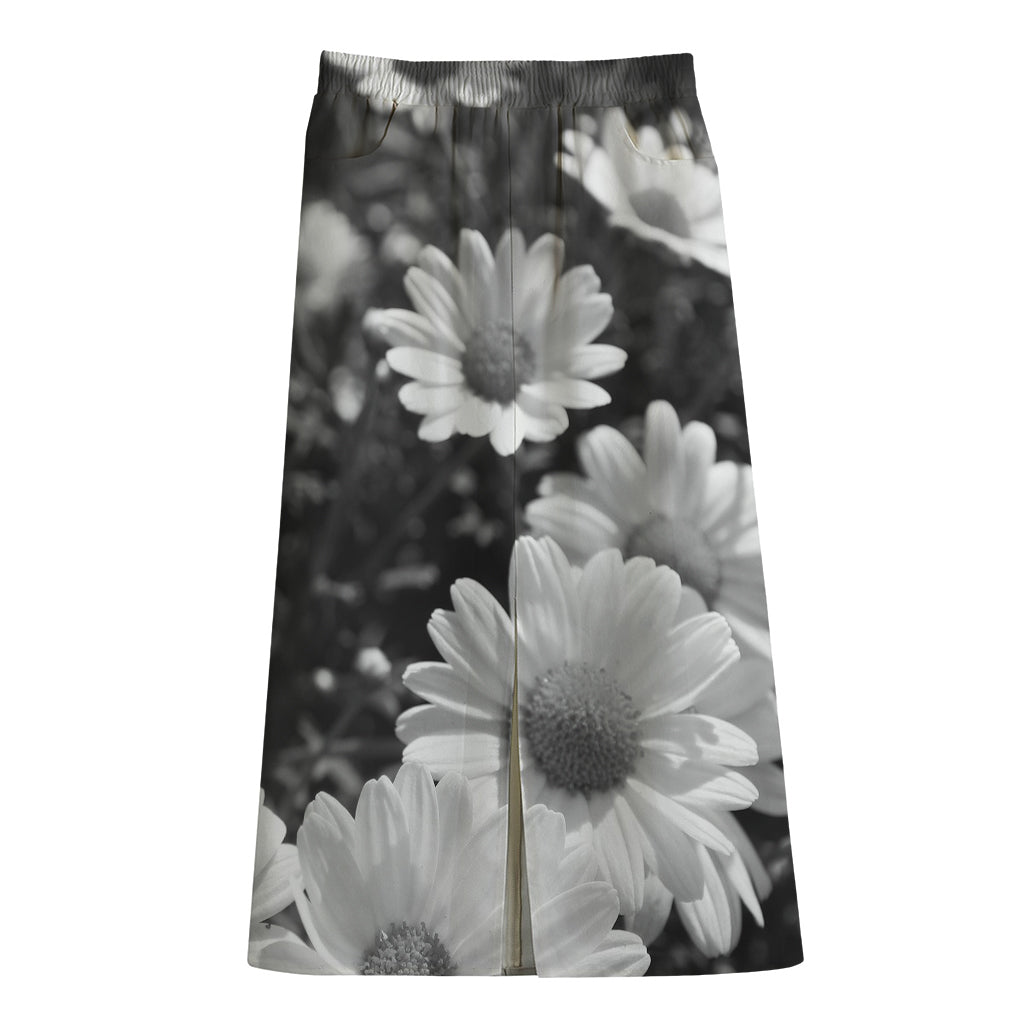 Monochrome Daisy Flower Print Cotton Front Slit Maxi Skirt