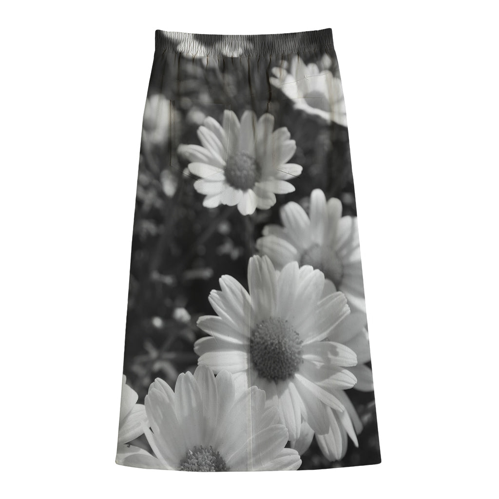 Monochrome Daisy Flower Print Cotton Front Slit Maxi Skirt