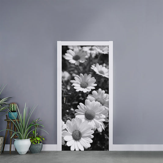 Monochrome Daisy Flower Print Door Sticker