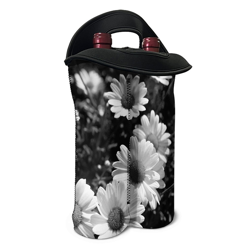 Monochrome Daisy Flower Print Double Neoprene Wine Tote