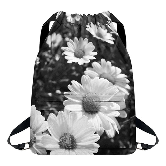 Monochrome Daisy Flower Print Drawstring Backpack