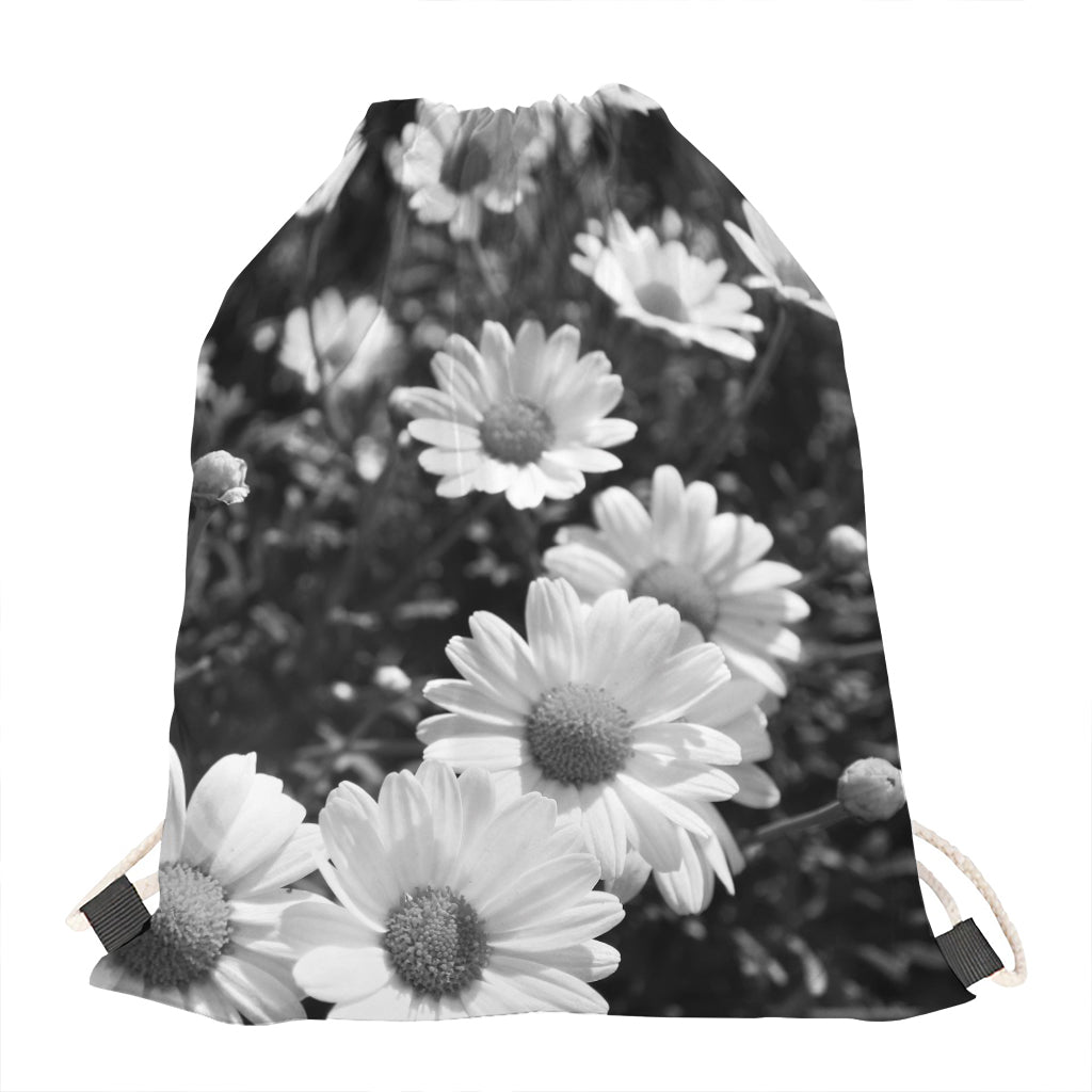 Monochrome Daisy Flower Print Drawstring Bag