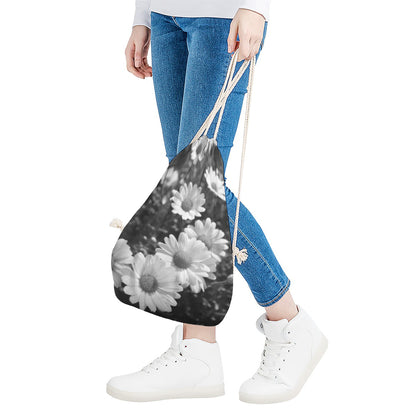 Monochrome Daisy Flower Print Drawstring Bag
