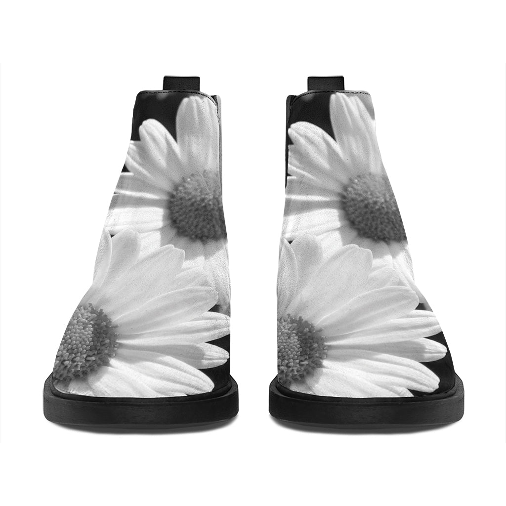 Monochrome Daisy Flower Print Flat Ankle Boots