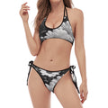 Monochrome Daisy Flower Print Halter Scoop Tie Side Bikini