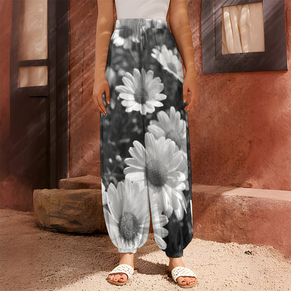 Monochrome Daisy Flower Print Harem Pants