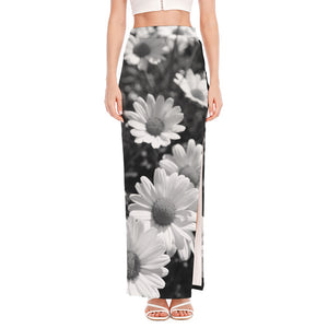 Monochrome Daisy Flower Print High Slit Maxi Skirt