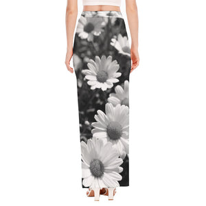 Monochrome Daisy Flower Print High Slit Maxi Skirt