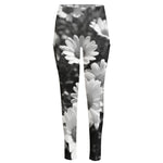 Monochrome Daisy Flower Print High-Waisted Pocket Leggings