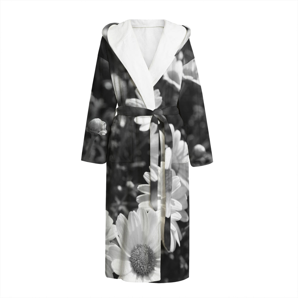 Monochrome Daisy Flower Print Hooded Bathrobe