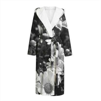 Monochrome Daisy Flower Print Hooded Bathrobe