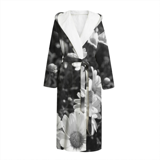 Monochrome Daisy Flower Print Hooded Bathrobe