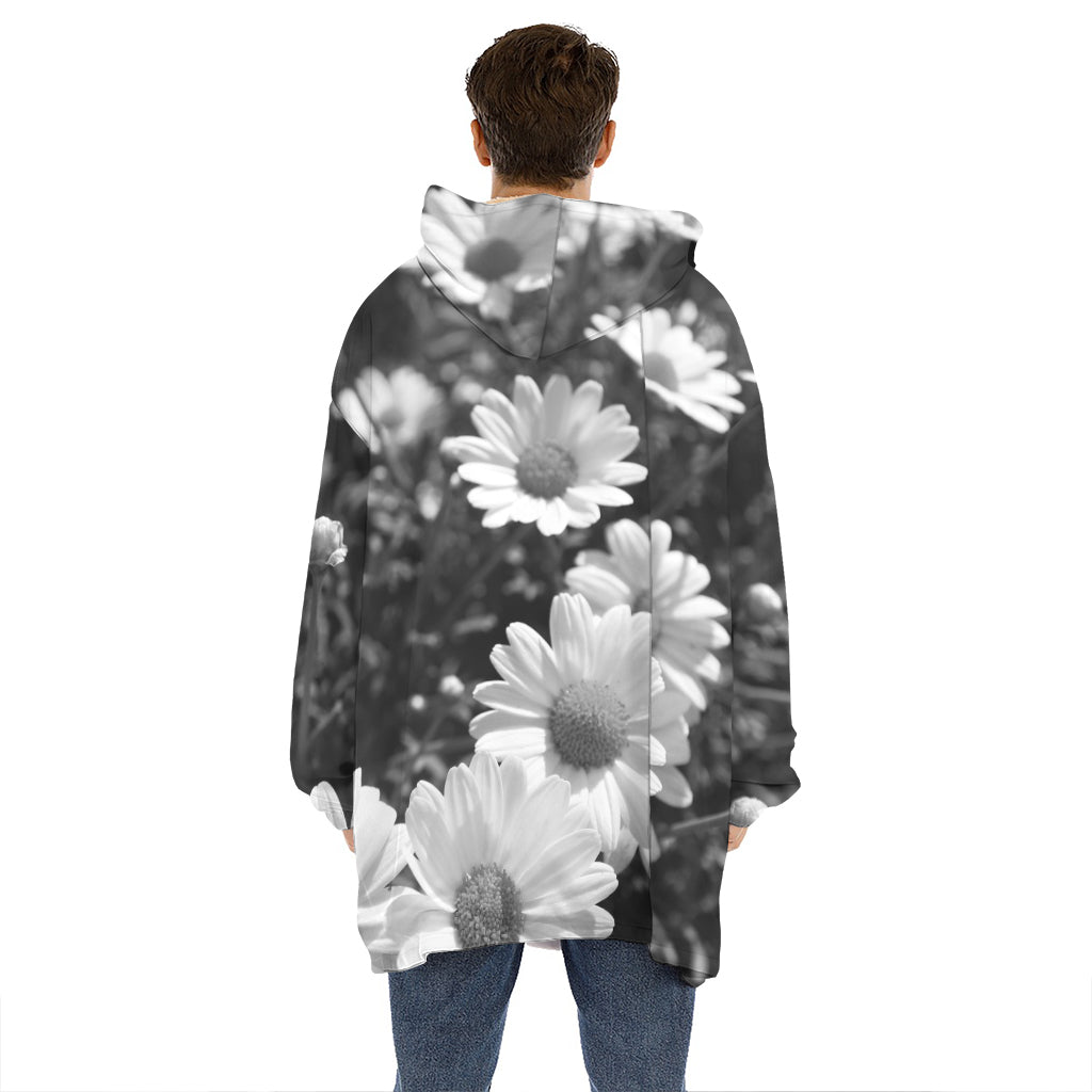 Monochrome Daisy Flower Print Hoodie Blanket