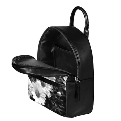 Monochrome Daisy Flower Print Leather Backpack
