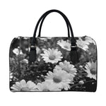 Monochrome Daisy Flower Print Leather Duffle Bag