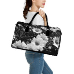 Monochrome Daisy Flower Print Leather Duffle Bag