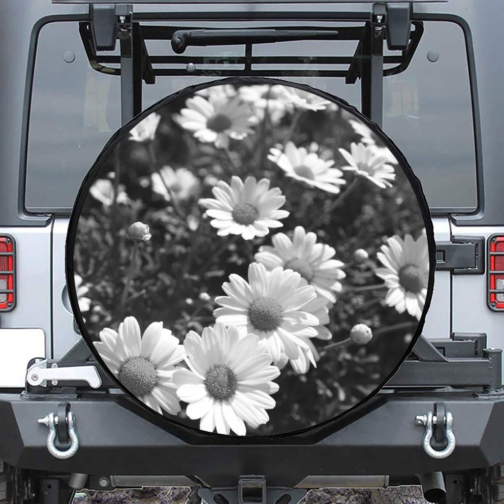 Monochrome Daisy Flower Print Leather Spare Tire Cover