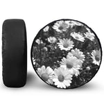 Monochrome Daisy Flower Print Leather Spare Tire Cover