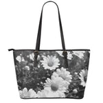 Monochrome Daisy Flower Print Leather Tote Bag