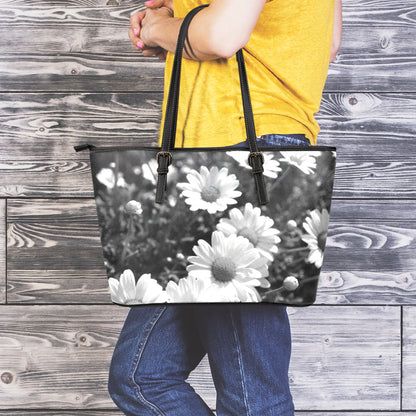 Monochrome Daisy Flower Print Leather Tote Bag
